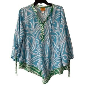 Ruby Rd Womens Blue Green Dot Print Angled Hem Blouse 23441 VD Size M tropical